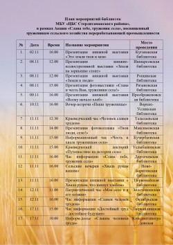 План мероприятий библиотек МБУ «ЦБС Стерлитамакского района», посвященный труженикам сельского хозяйства перерабатывающей промышленности